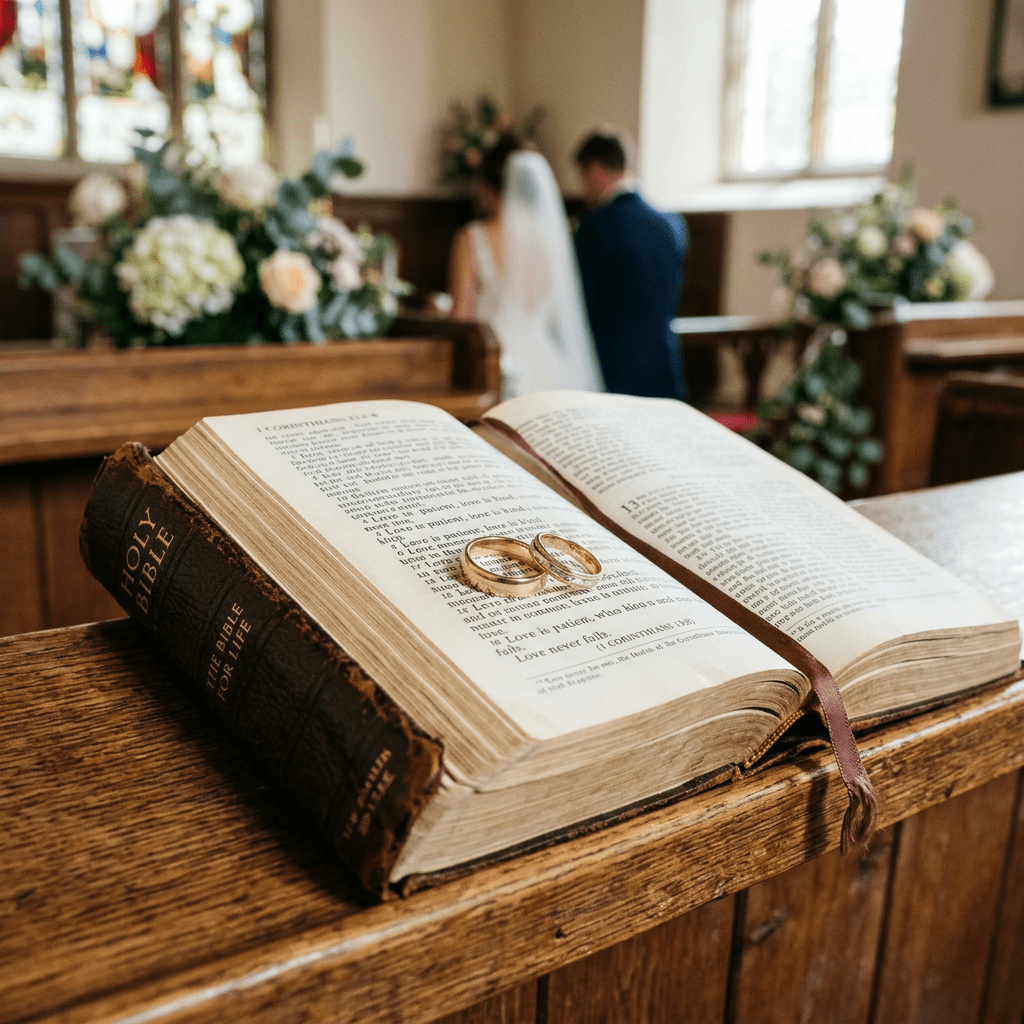 Two gold wedding rings on an open Bible in a church with bride and groom blurred in background
