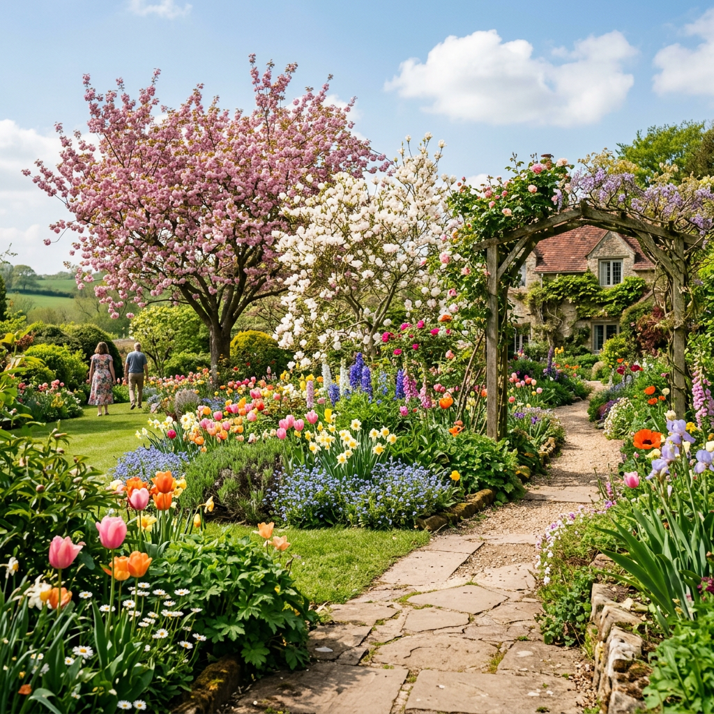 English garden with blooming cherry trees, colorful flowers, gravel path, wooden arch, and stone cottage