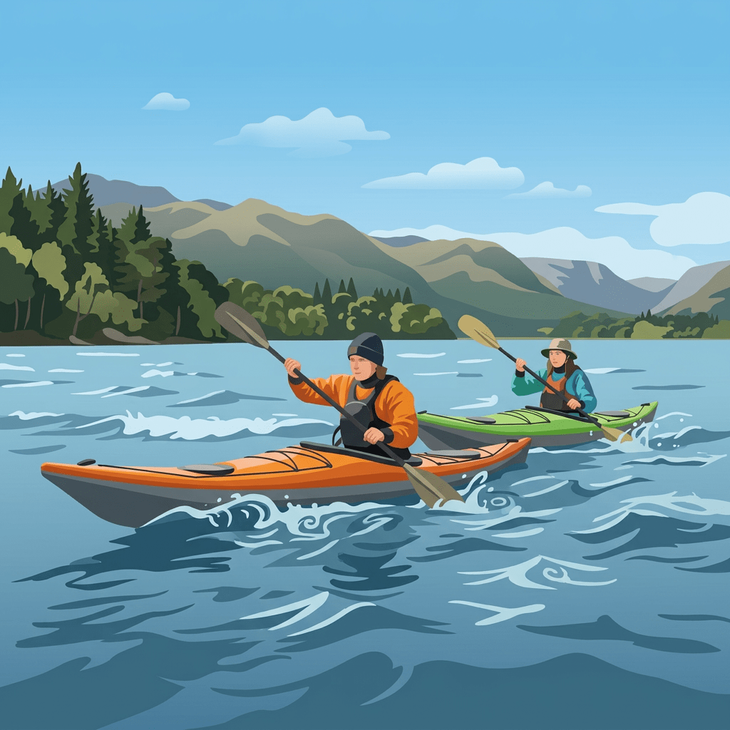 Person in orange kayak paddling on wavy lake surrounded by forested mountains