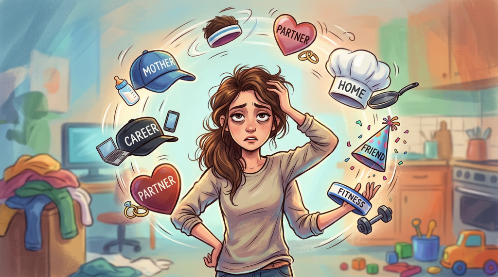Woman overwhelmed with juggling career, mother, partner, home, friend, and fitness roles